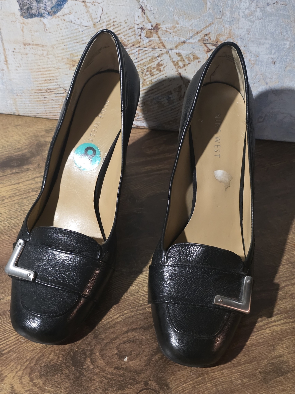 Nine West Black Leather Heeled Loafers with Silver Accent